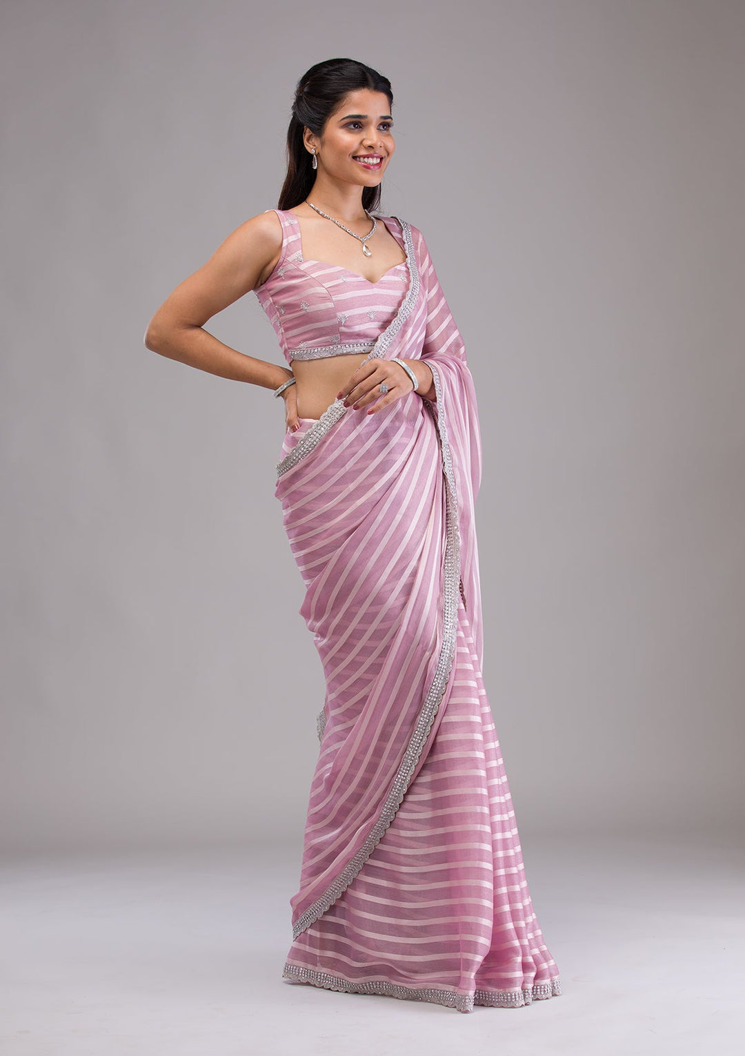 Lavender Stonework Semi Crepe Saree-Koskii
