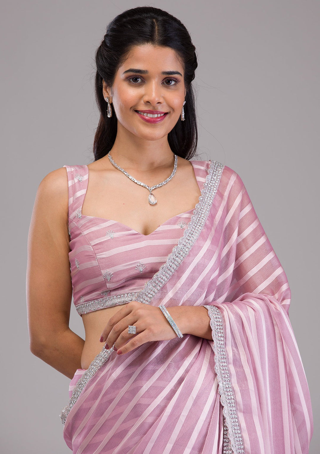 Lavender Stonework Semi Crepe Saree-Koskii