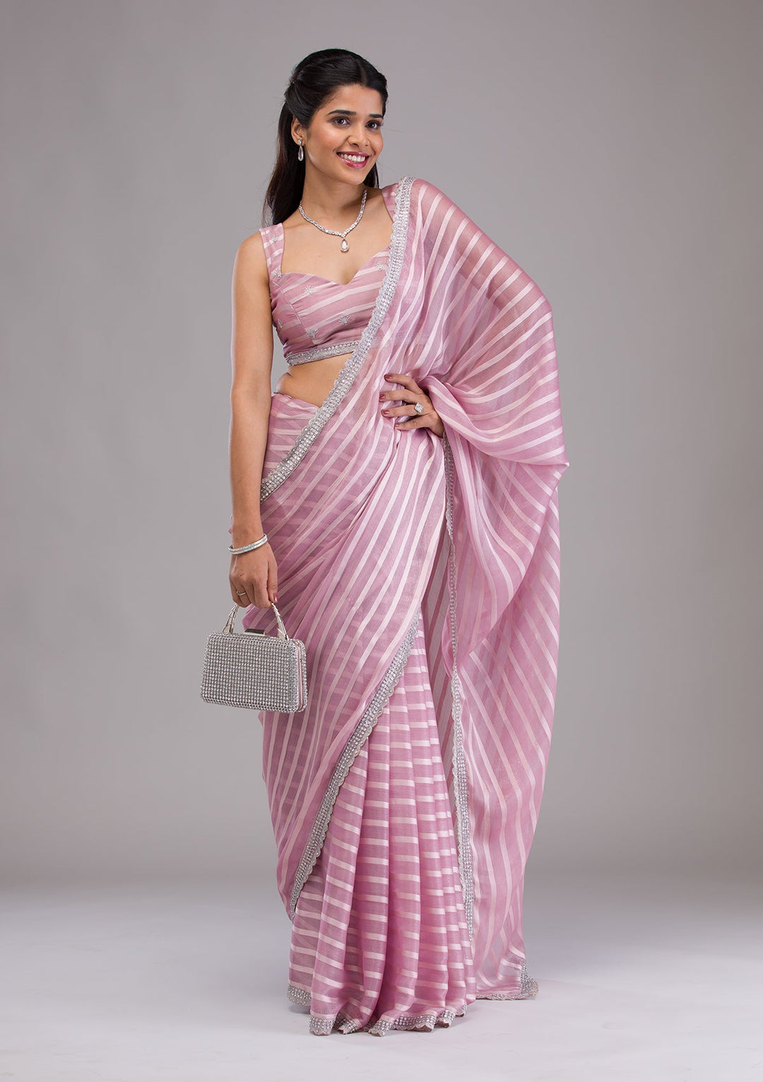 Lavender Stonework Semi Crepe Saree-Koskii