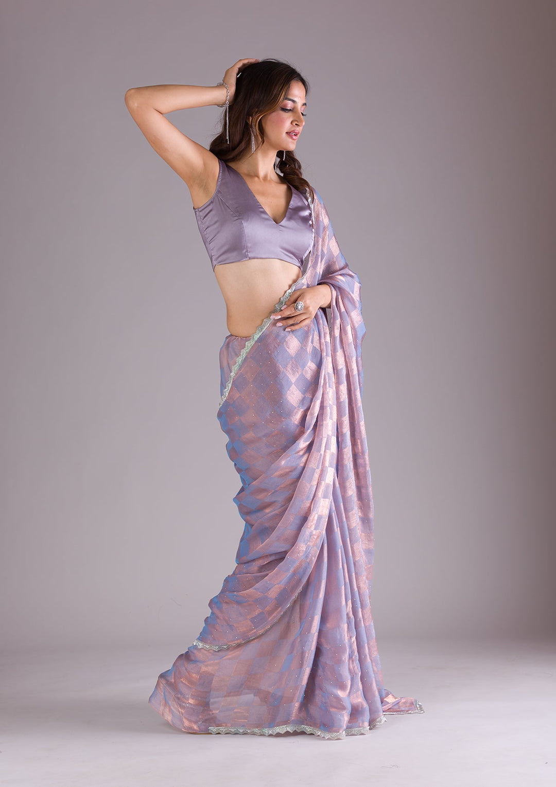 Lavender Stonework Semi Crepe Saree-Koskii