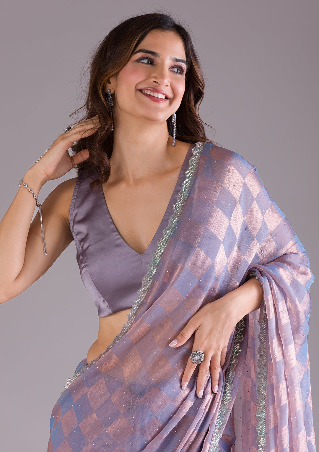 Lavender Stonework Semi Crepe Saree-Koskii