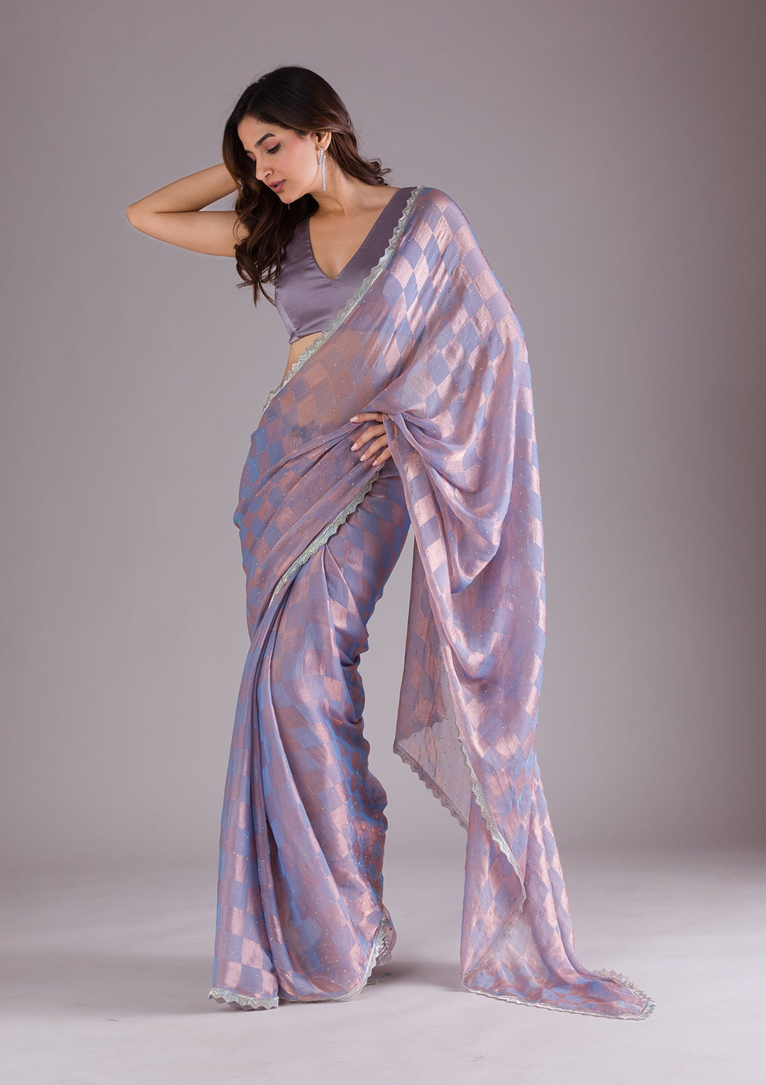 Lavender Stonework Semi Crepe Saree-Koskii