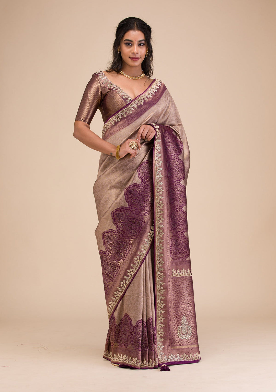 Lavender Stonework Soft Silk Saree-Koskii