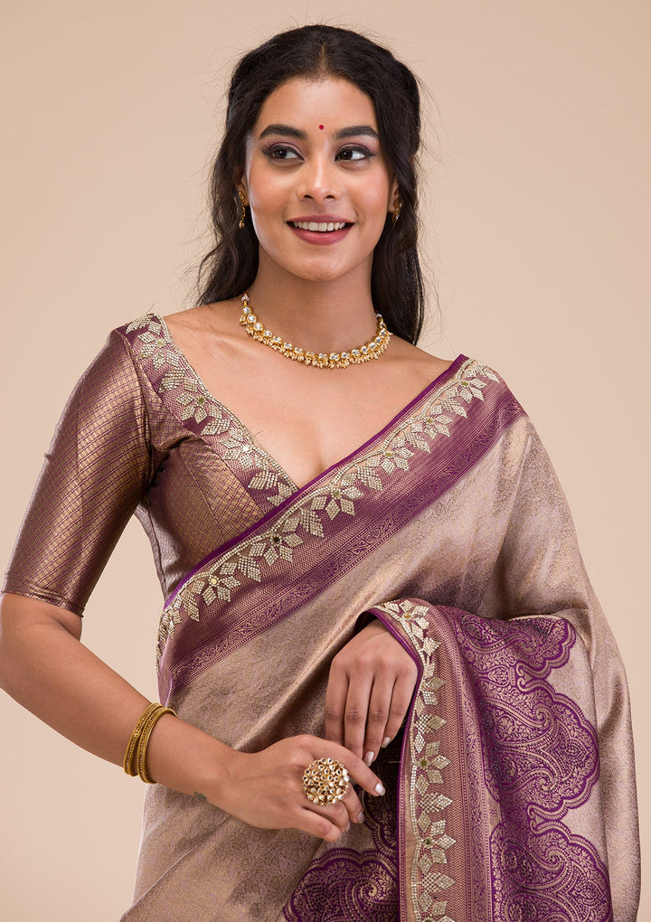 Lavender Stonework Soft Silk Saree-Koskii