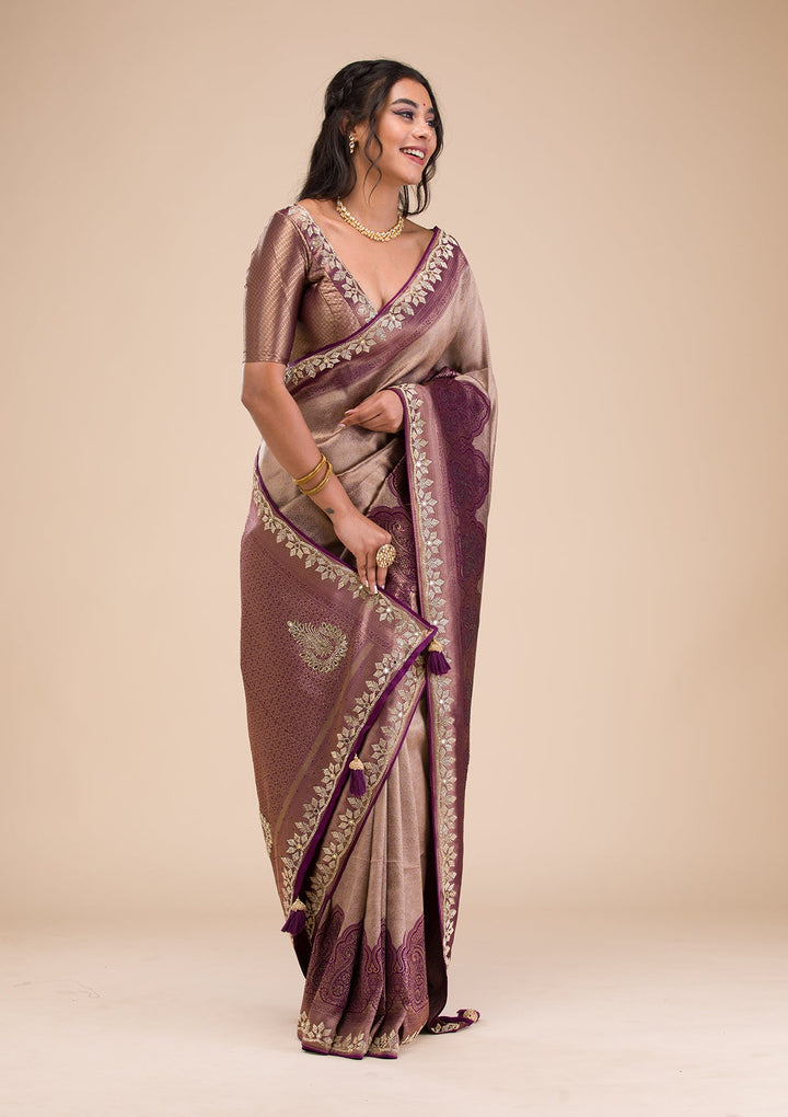 Lavender Stonework Soft Silk Saree-Koskii