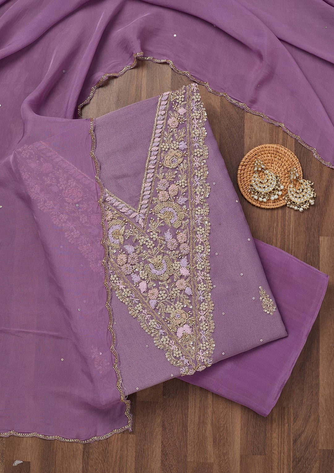Lavender Stonework Tissue Unstitched Salwar Suit-Koskii