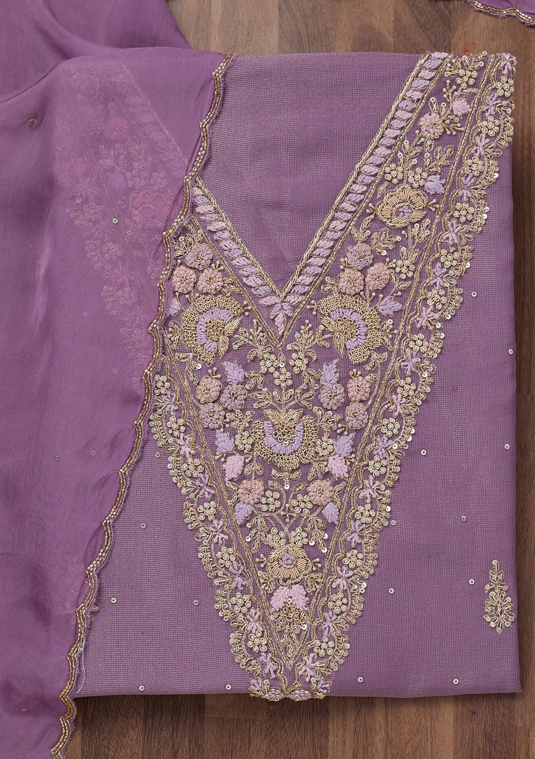Lavender Stonework Tissue Unstitched Salwar Suit-Koskii
