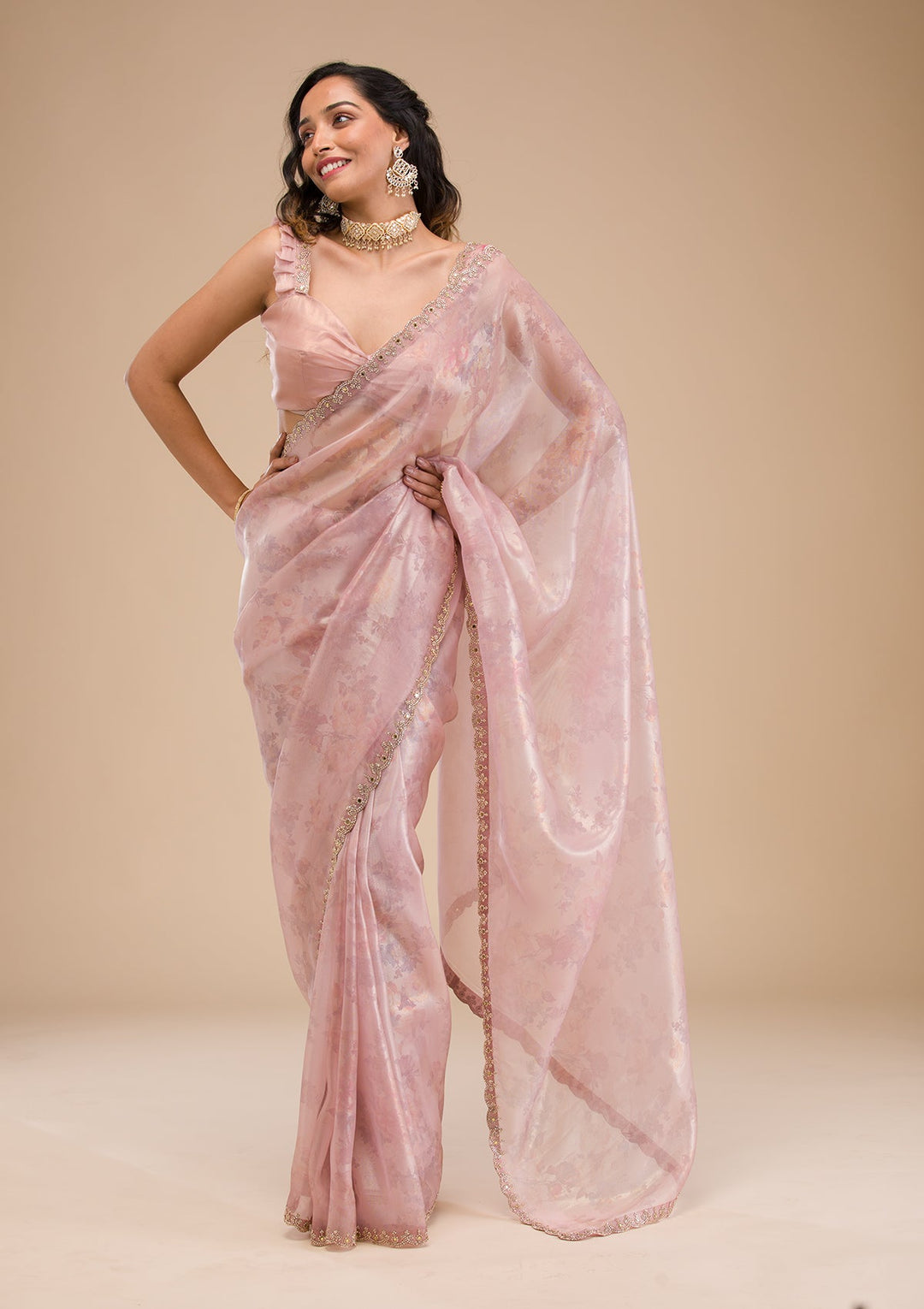 Lavender Stonework Tissue Saree-Koskii