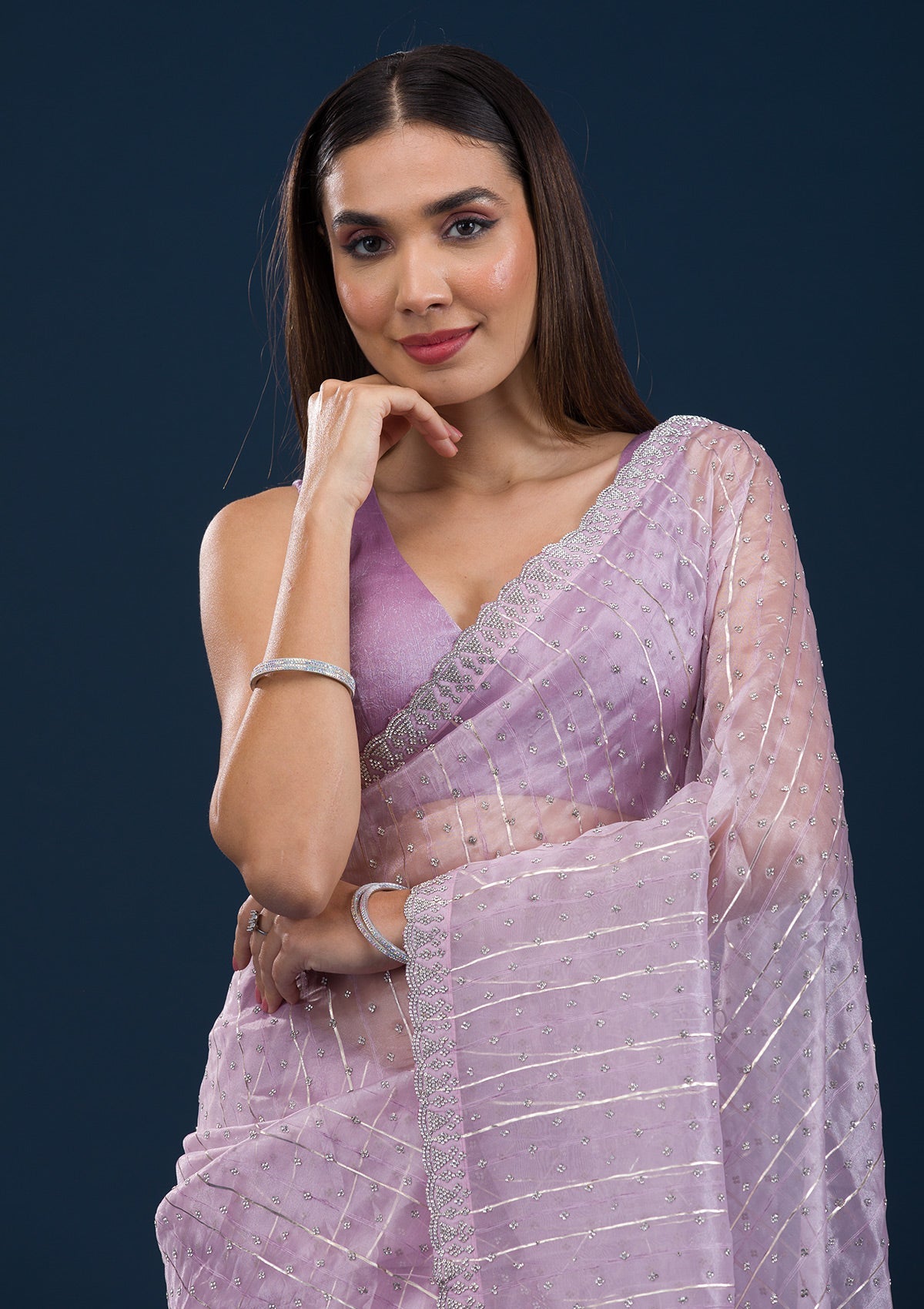 Lavender Stonework Tissue Saree-Koskii