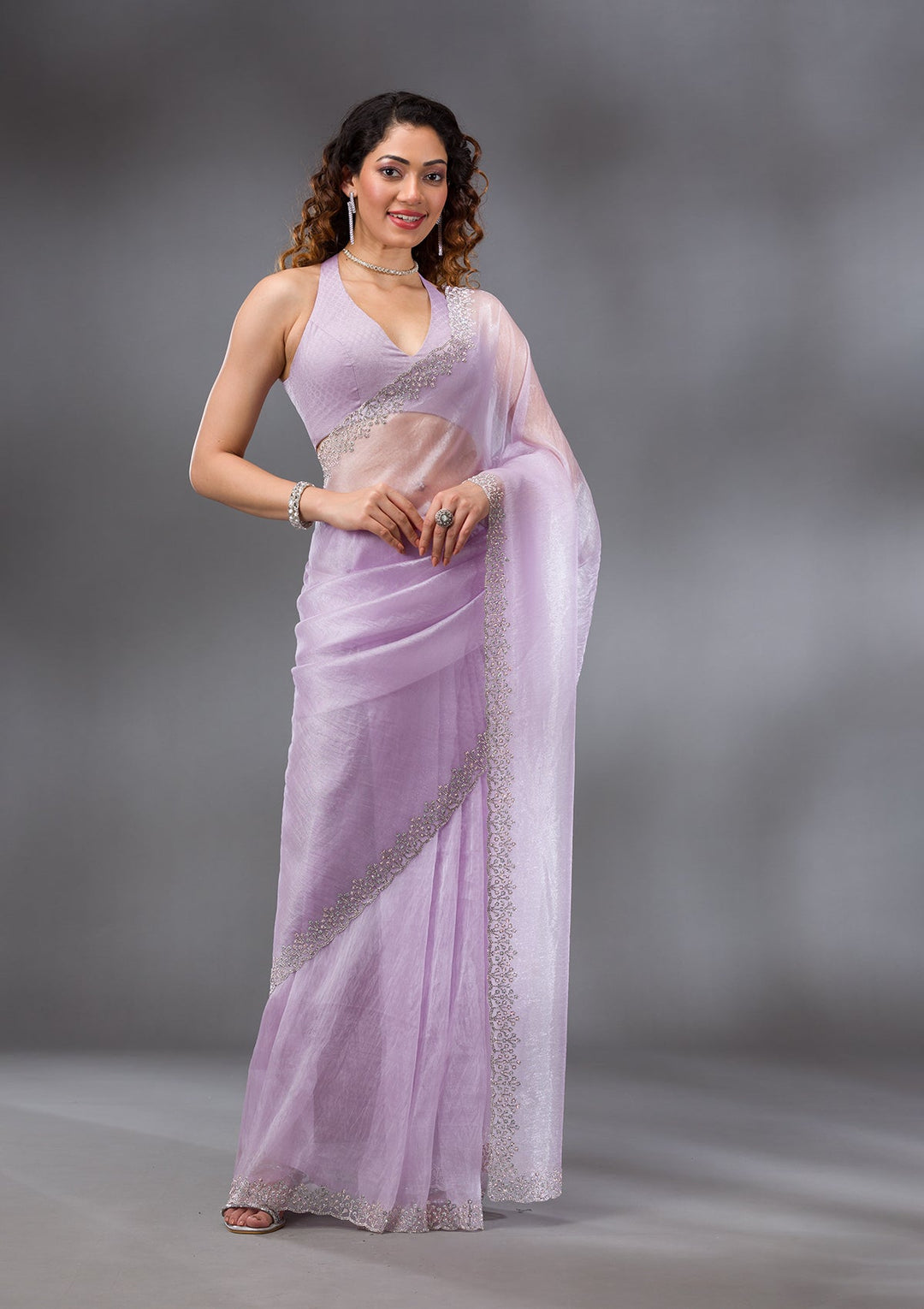 Lavender Stonework Tissue Saree-Koskii