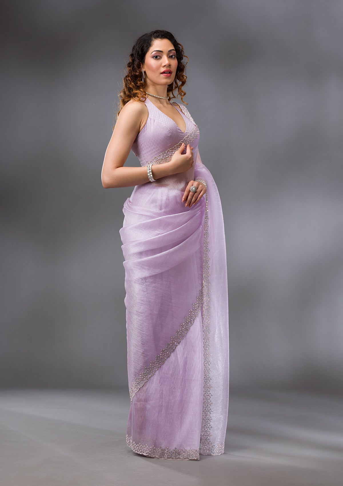 Lavender Stonework Tissue Saree-Koskii