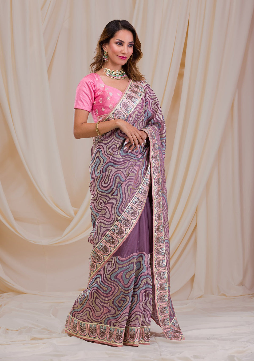 Lavender Swarovski Chiffon Saree-Koskii