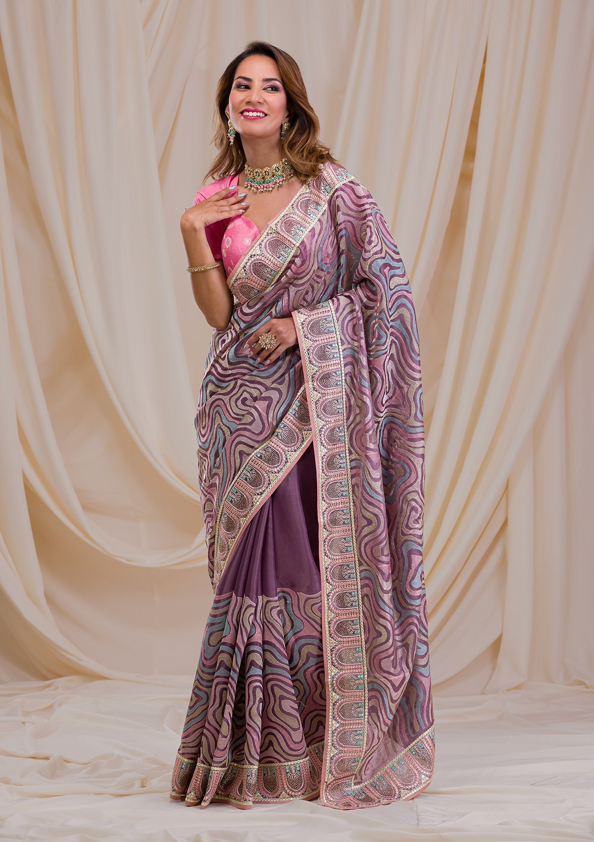 Lavender Swarovski Chiffon Saree-Koskii