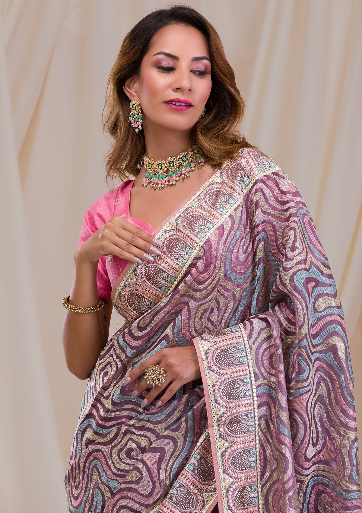 Lavender Swarovski Chiffon Saree-Koskii