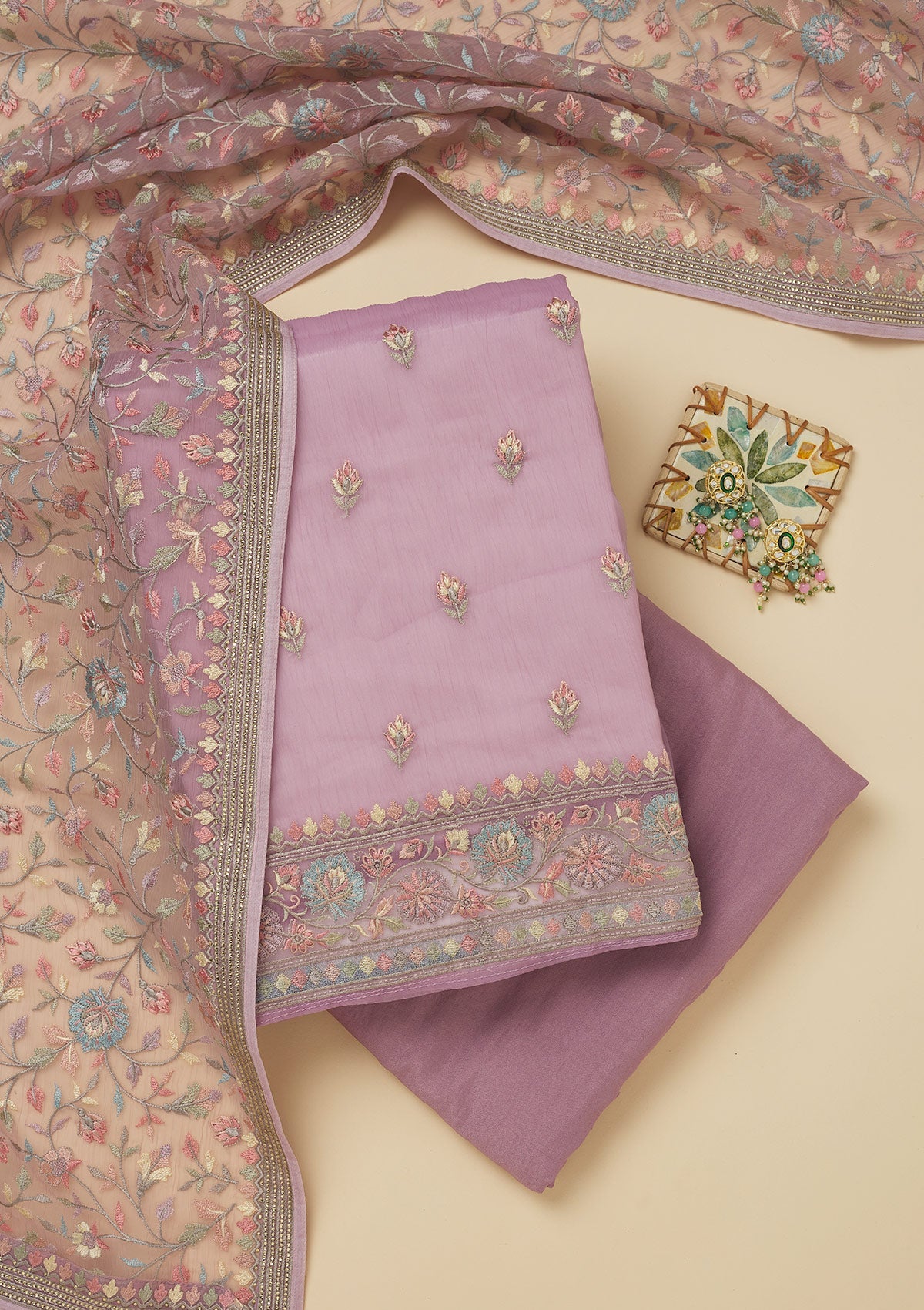 Lavender Threadwork Chiffon Unstitched Salwar Suit-Koskii