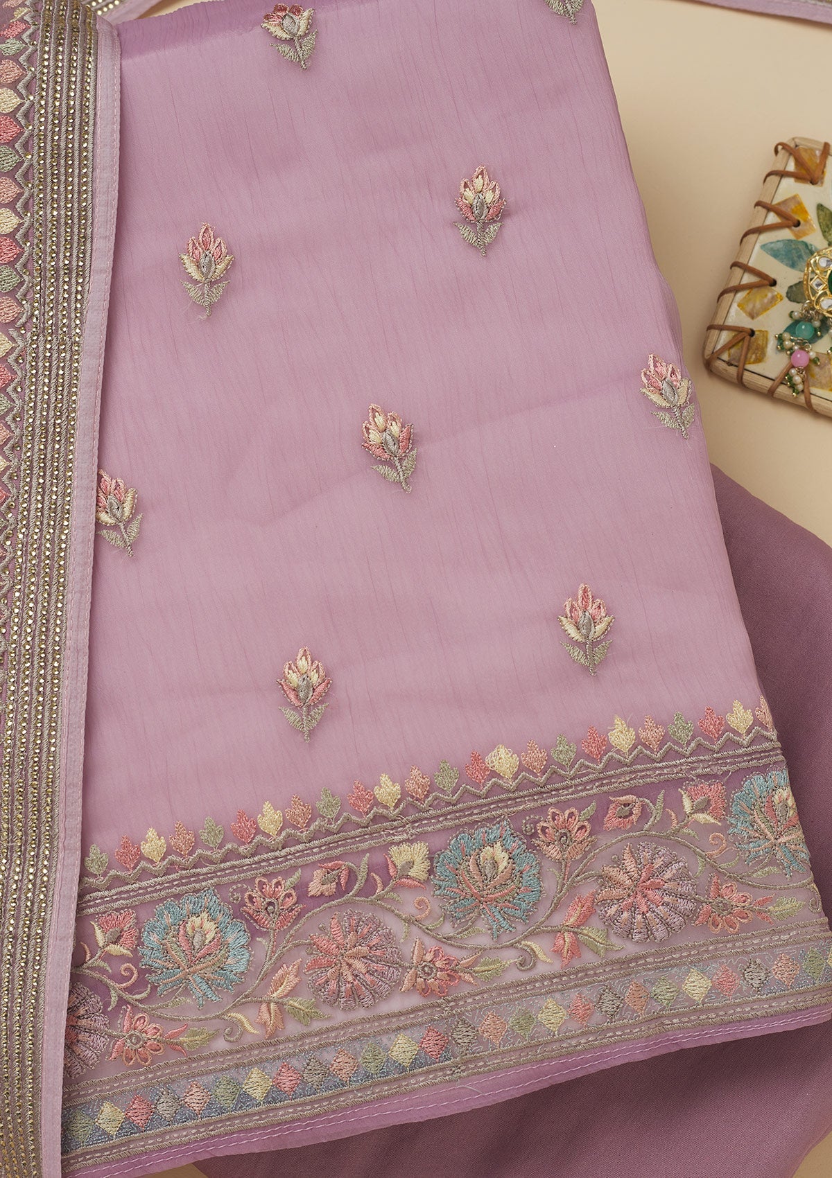 Lavender Threadwork Chiffon Unstitched Salwar Suit-Koskii