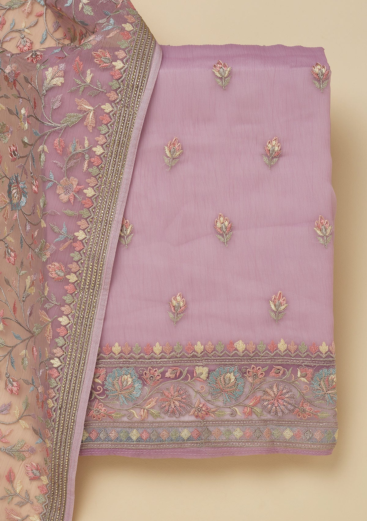 Lavender Threadwork Chiffon Unstitched Salwar Suit-Koskii