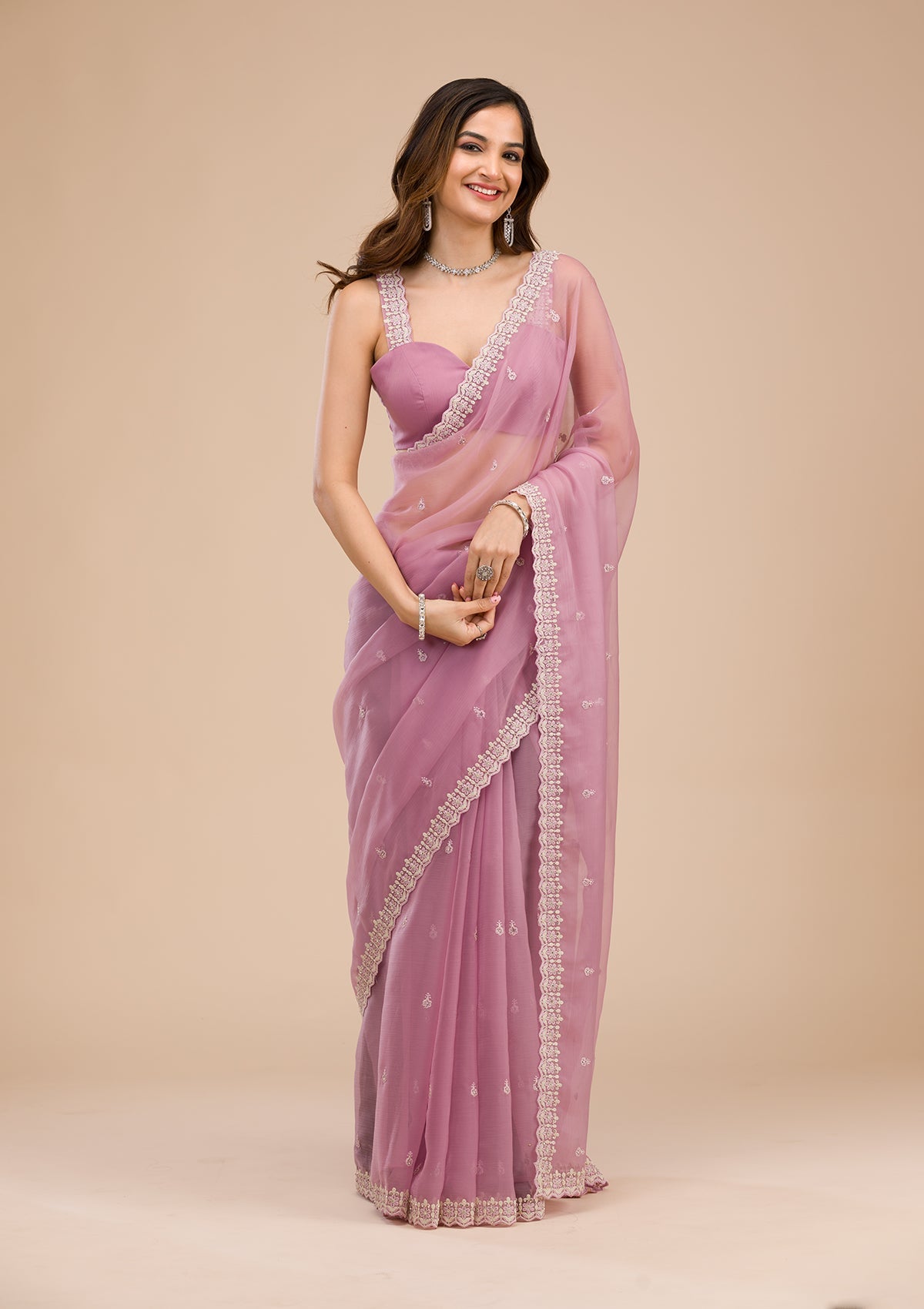 Lavender Silver Stonework Tissue Saree-Koskii