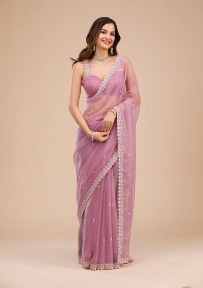 Lavender Silver Stonework Tissue Saree-Koskii