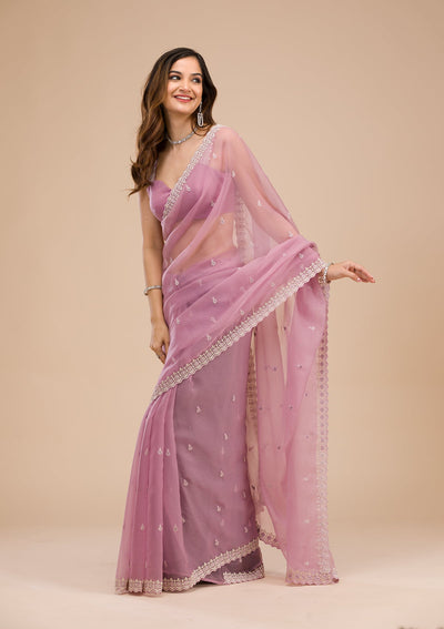 Lavender Silver Stonework Tissue Saree-Koskii