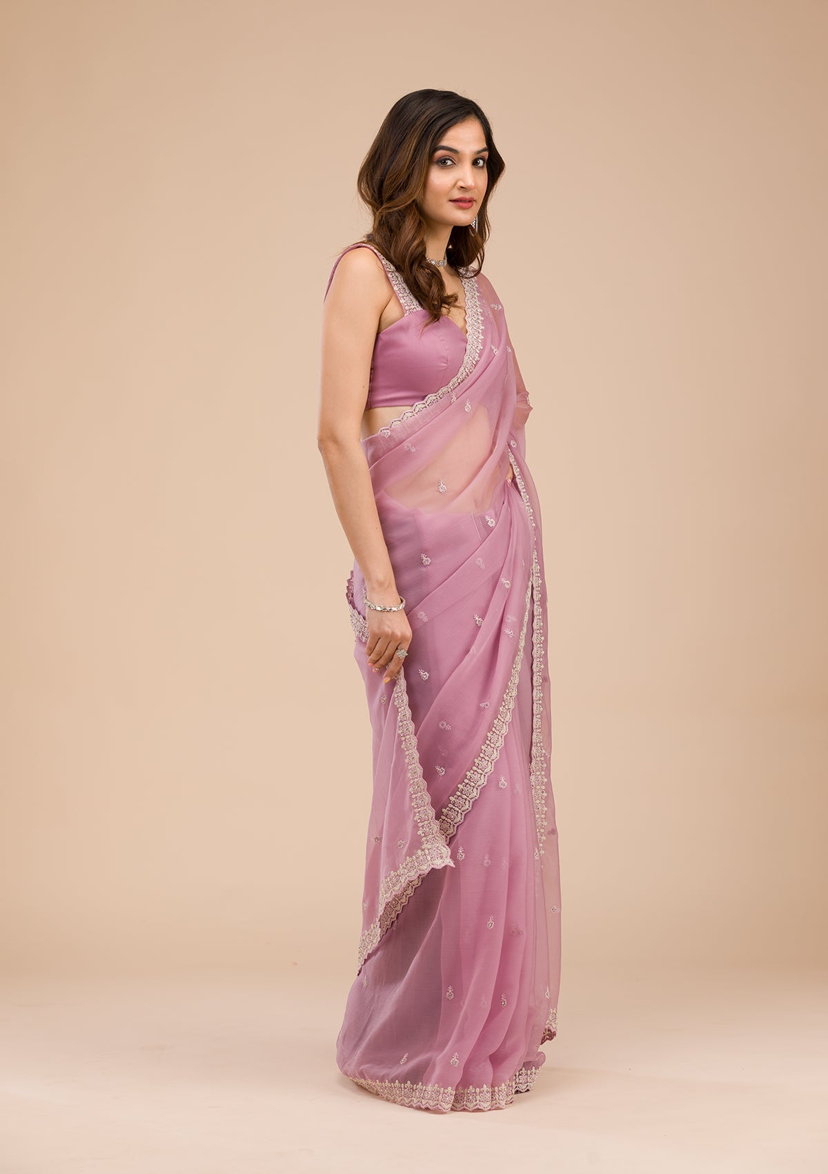 Lavender Silver Stonework Tissue Saree-Koskii