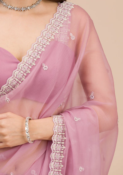 Lavender Silver Stonework Tissue Saree-Koskii