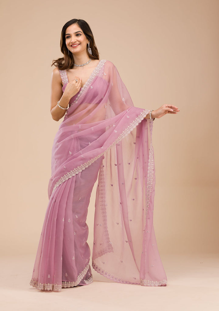Lavender Silver Stonework Tissue Saree-Koskii