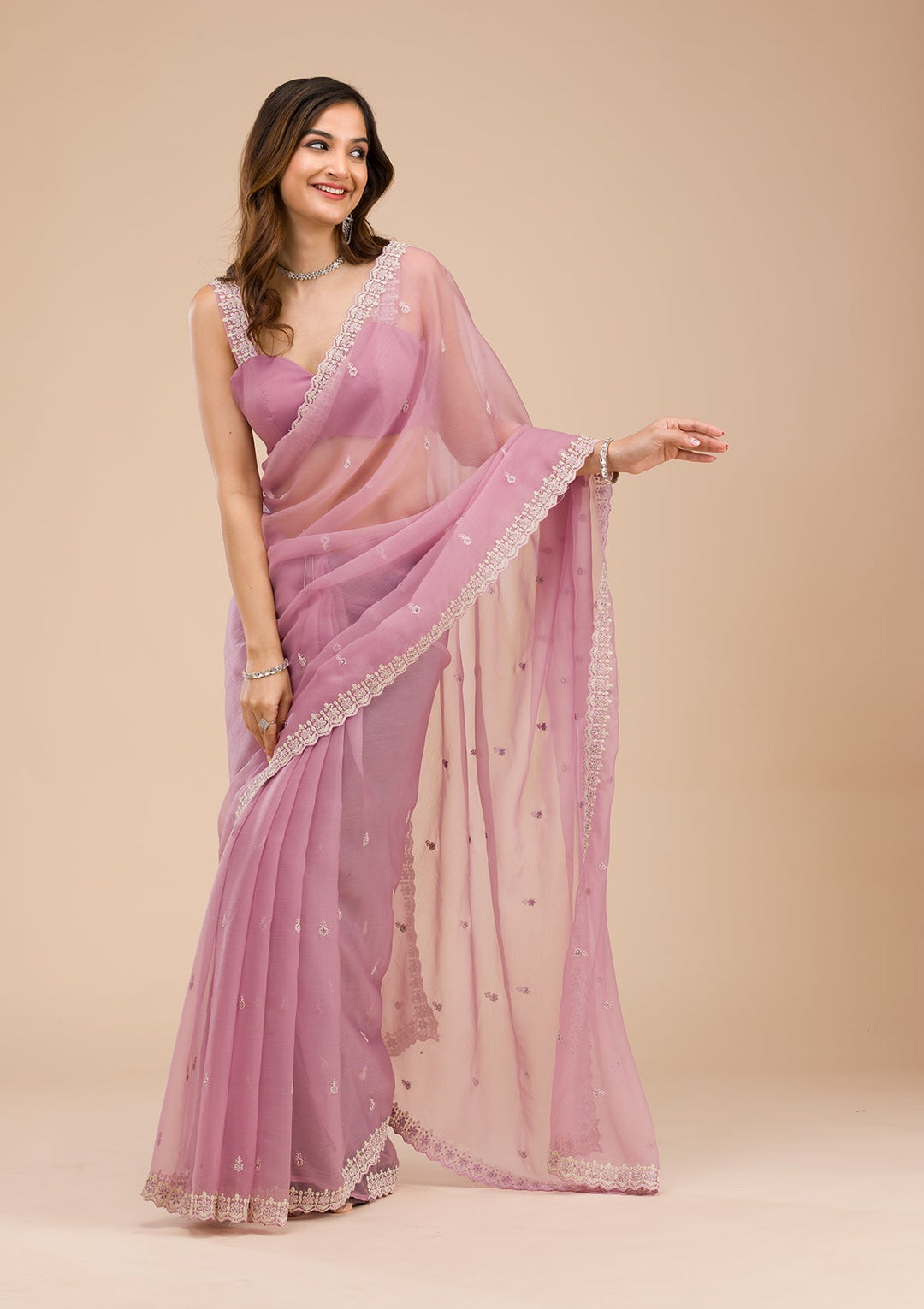 Lavender Silver Stonework Tissue Saree-Koskii