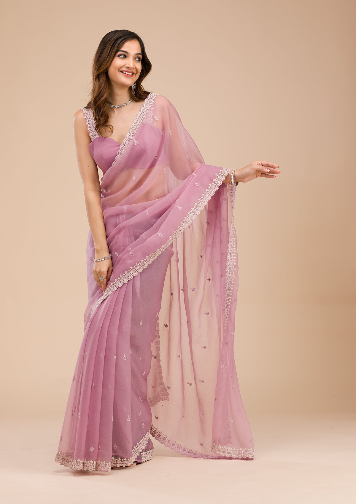 Lavender Silver Stonework Tissue Saree-Koskii