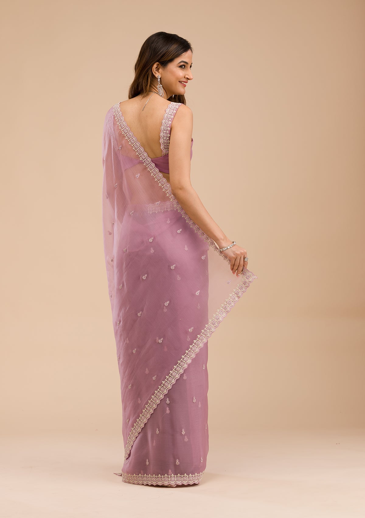 Lavender Silver Stonework Tissue Saree-Koskii