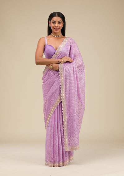 Lavender Threadwork Chiffon Saree-Koskii