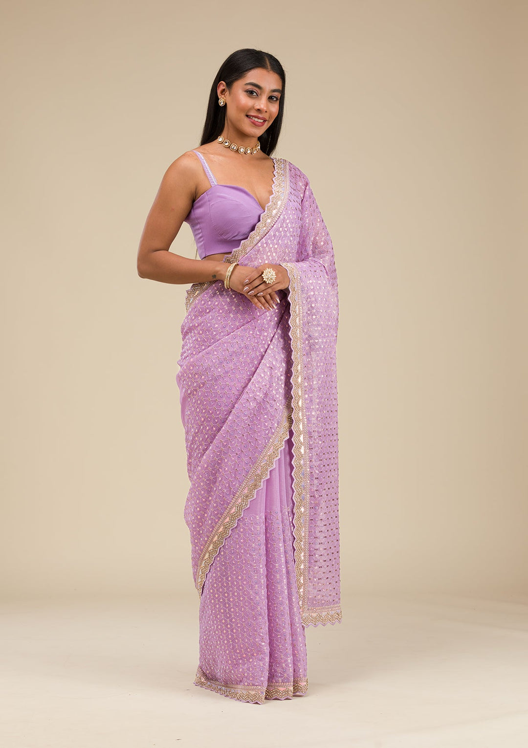 Lavender Threadwork Chiffon Saree-Koskii