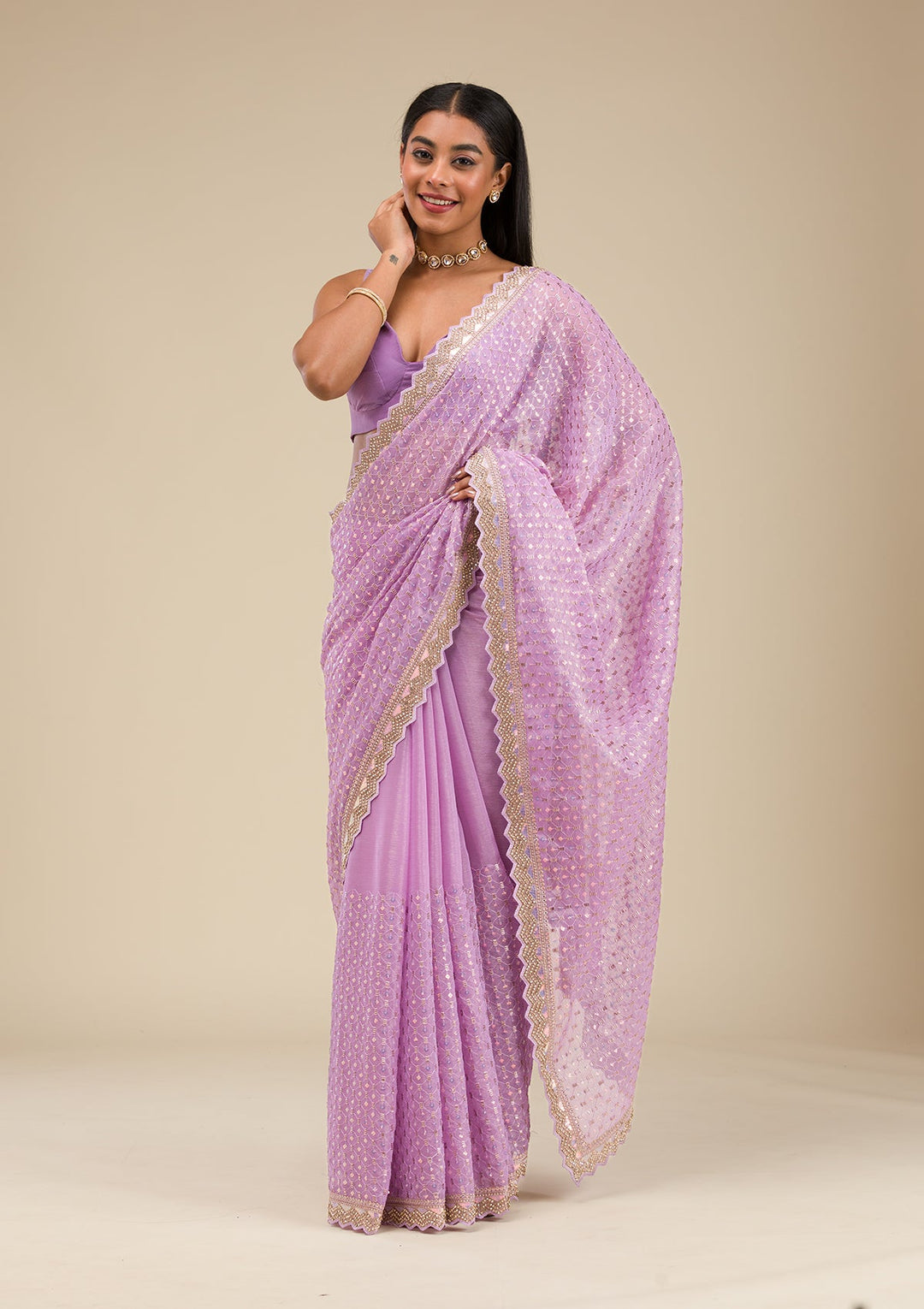 Lavender Threadwork Chiffon Saree-Koskii
