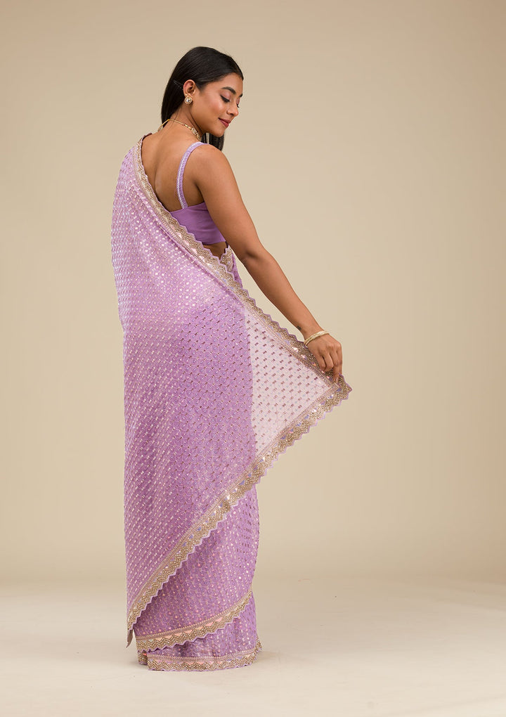 Lavender Threadwork Chiffon Saree-Koskii