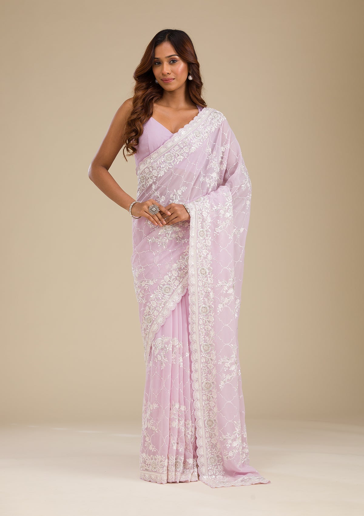 Lavender Threadwork Chiffon Saree-Koskii