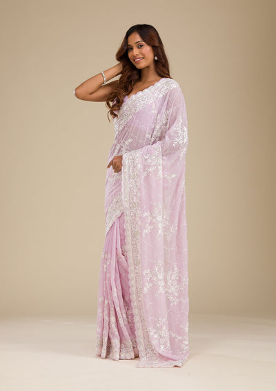 Lavender Threadwork Chiffon Saree-Koskii