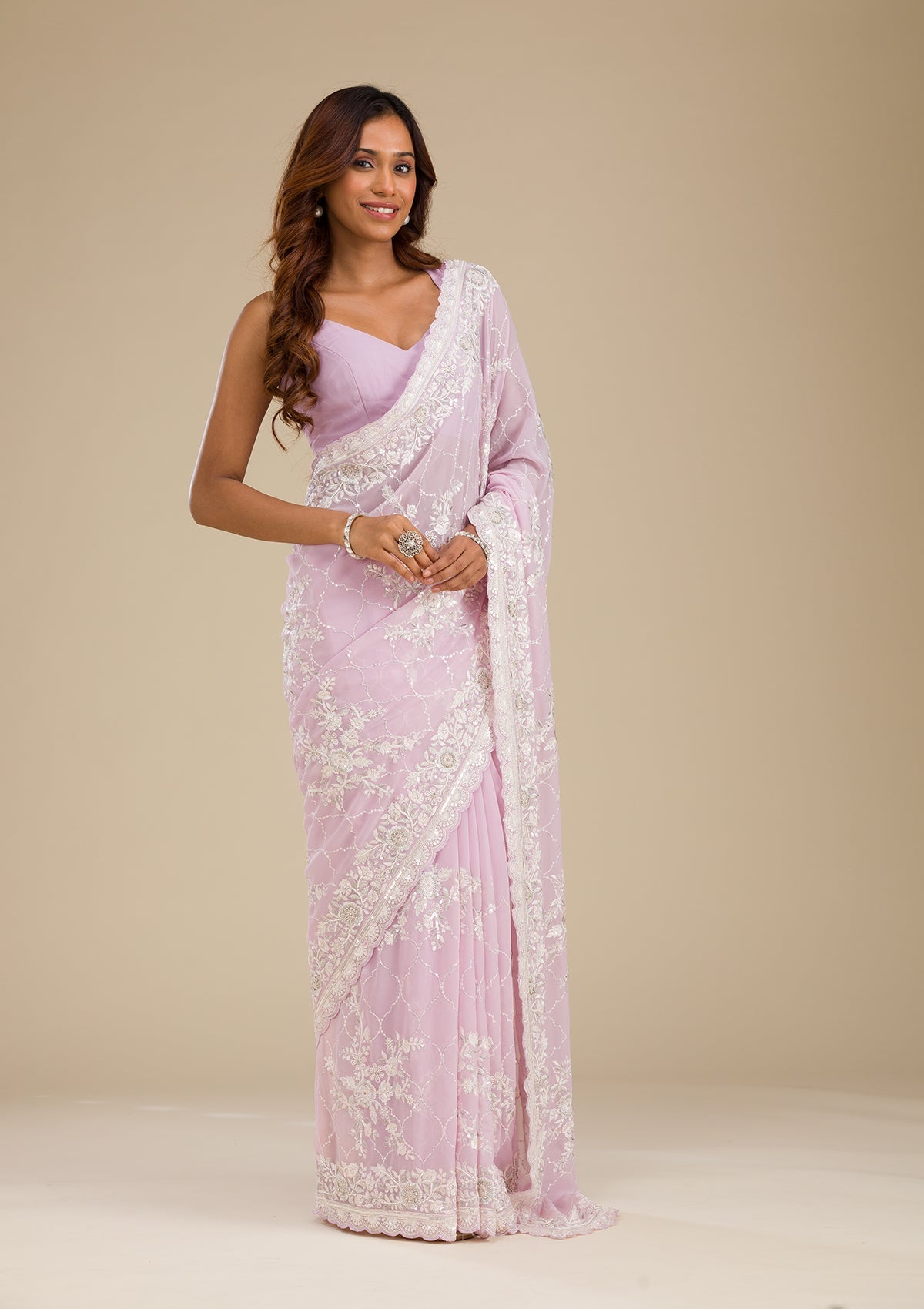 Lavender Threadwork Chiffon Saree-Koskii