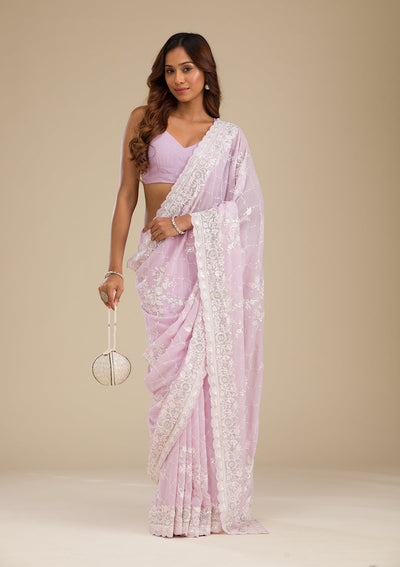 Lavender Threadwork Chiffon Saree-Koskii