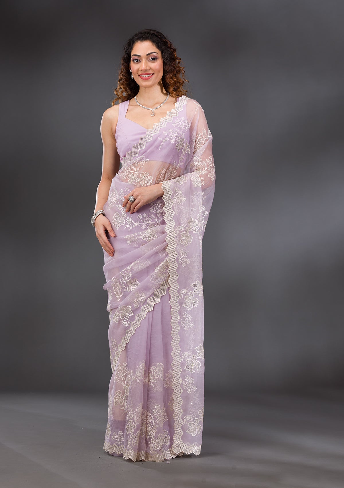 Lavender Threadwork Chiffon Saree-Koskii