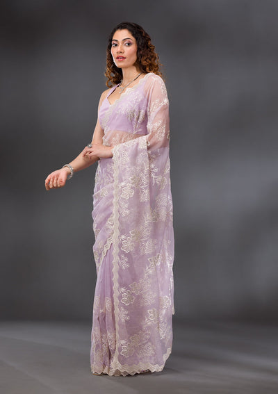 Lavender Threadwork Chiffon Saree-Koskii