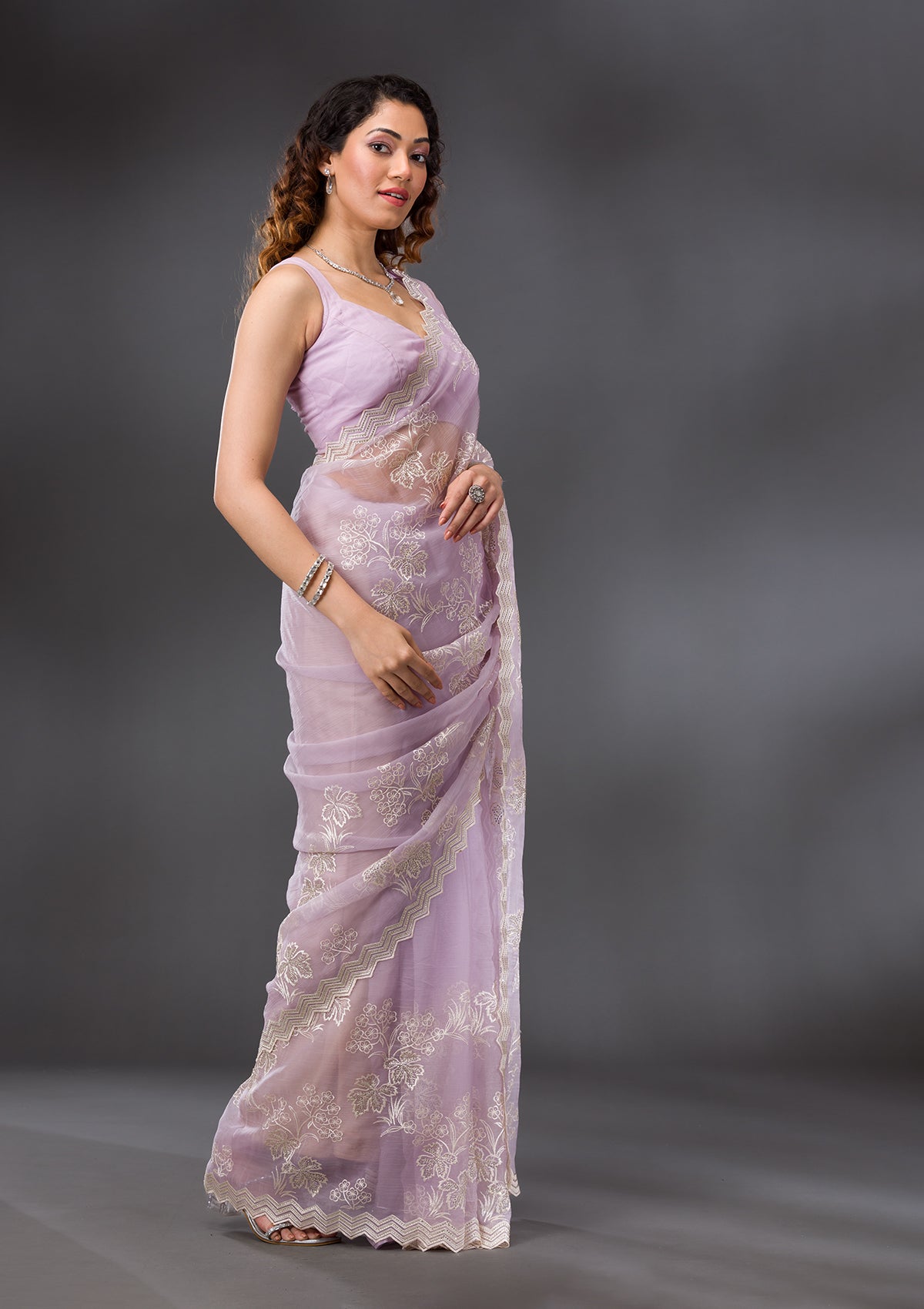 Lavender Threadwork Chiffon Saree-Koskii