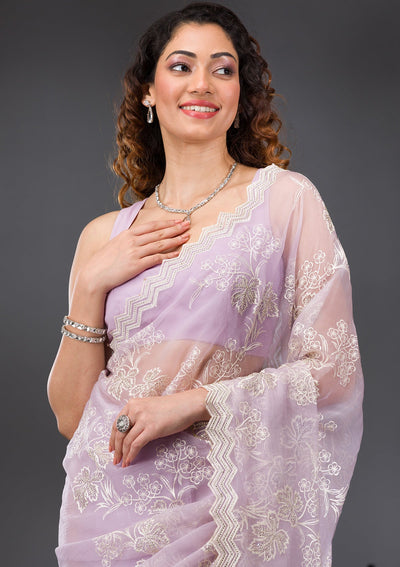 Lavender Threadwork Chiffon Saree-Koskii