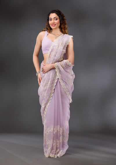 Lavender Threadwork Chiffon Saree-Koskii