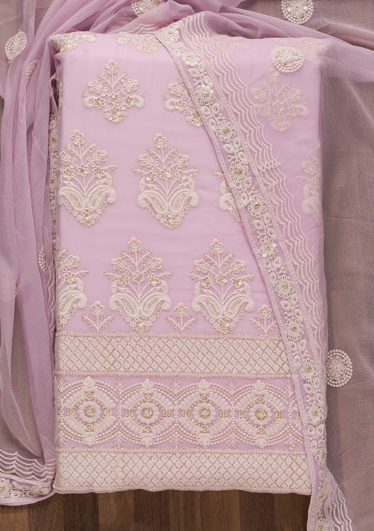 Lavender Threadwork Georgette Unstitched Salwar Suit-Koskii