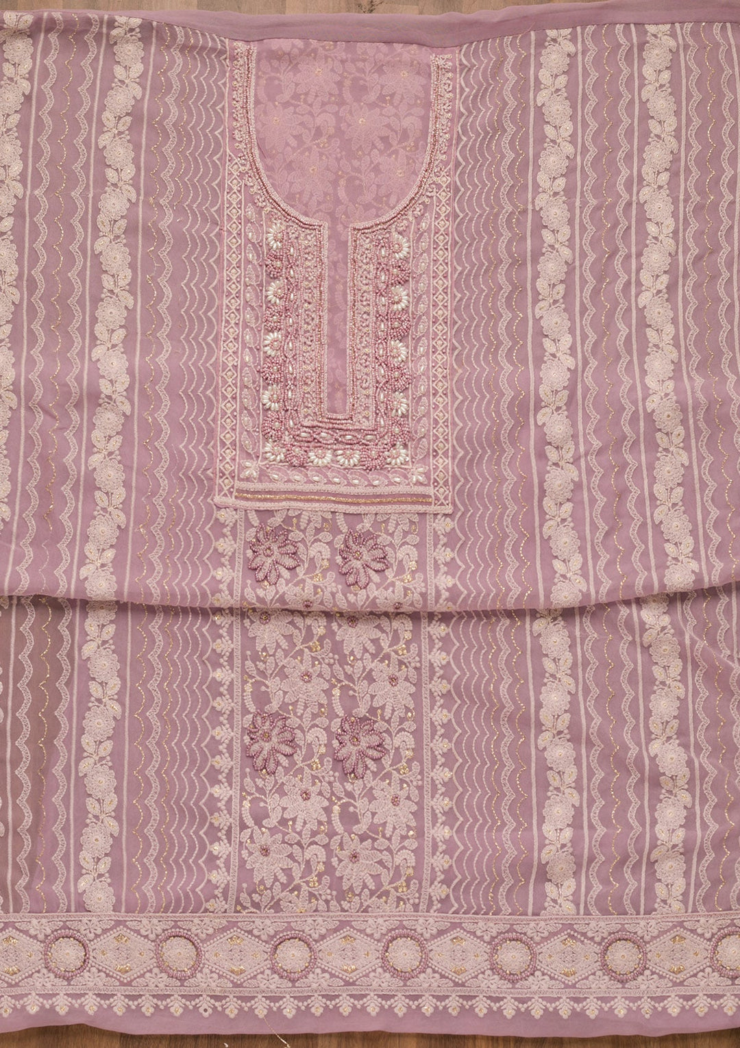 Lavender Threadwork Georgette Unstitched Salwar Suit-Koskii