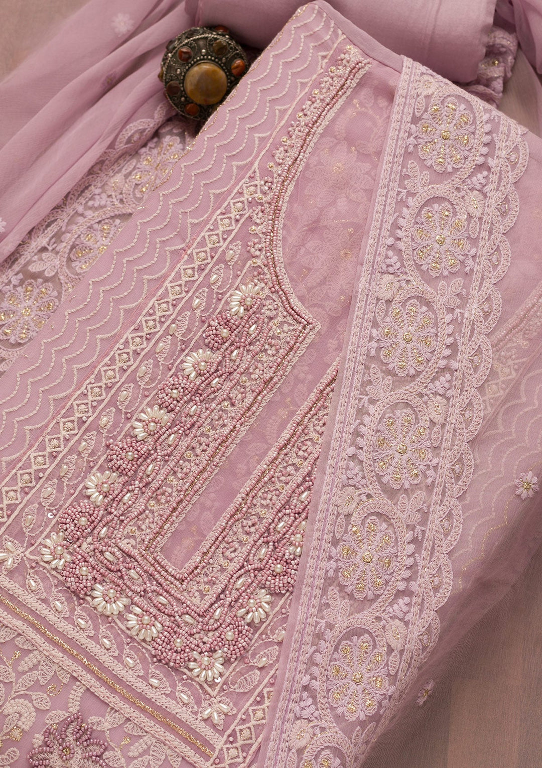 Lavender Threadwork Georgette Unstitched Salwar Suit-Koskii