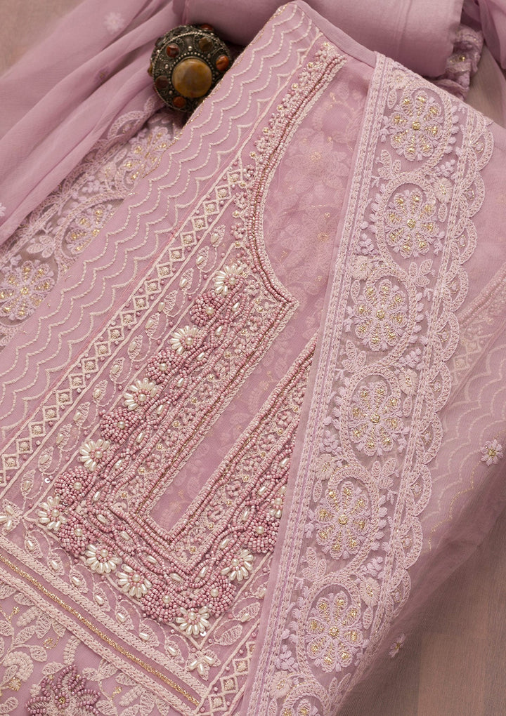 Lavender Threadwork Georgette Unstitched Salwar Suit-Koskii