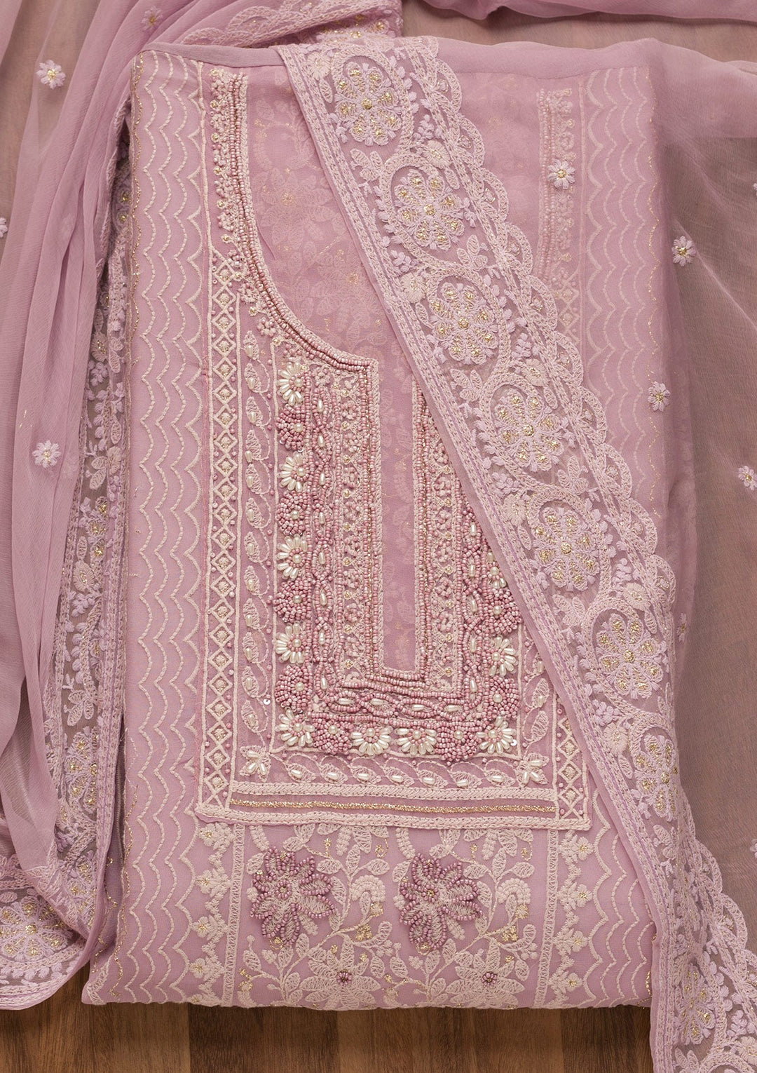 Lavender Threadwork Georgette Unstitched Salwar Suit-Koskii