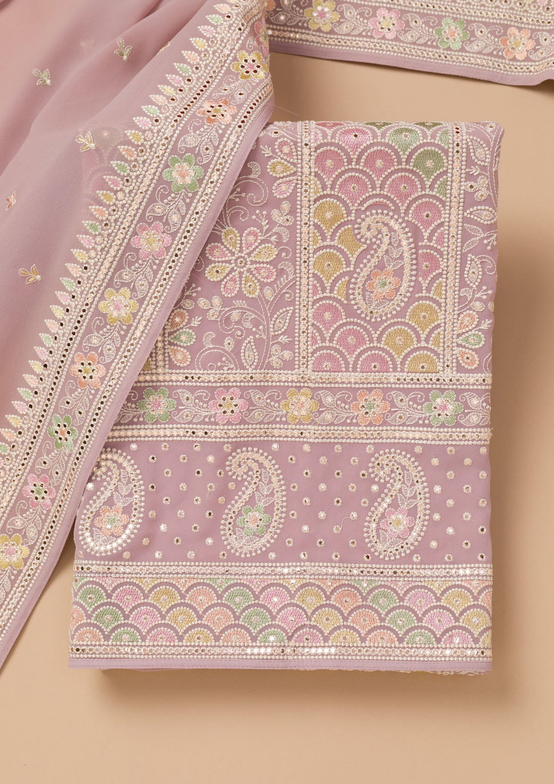 Lavender Threadwork Georgette Unstitched Salwar Suit-Koskii