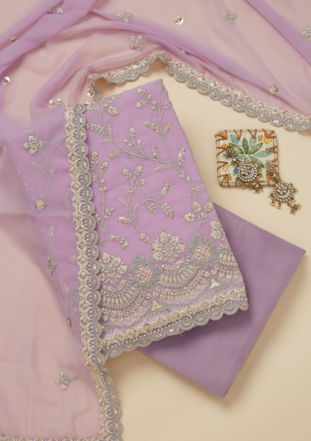 Lavender Threadwork Georgette Unstitched Salwar Suit-Koskii